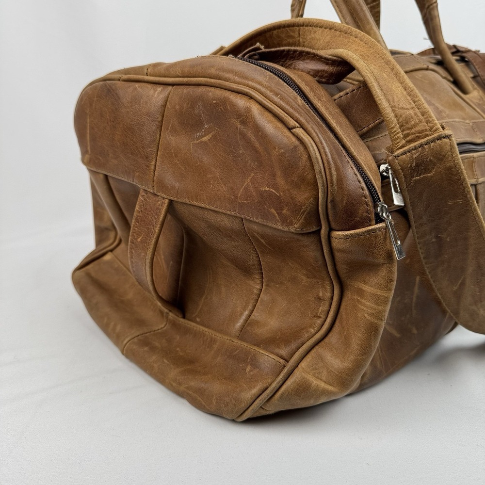 Vtg Tan Leather Duffle Bag Travel Weekender Gym Luggage Side Grab Handles 22" - Picture 8 of 13